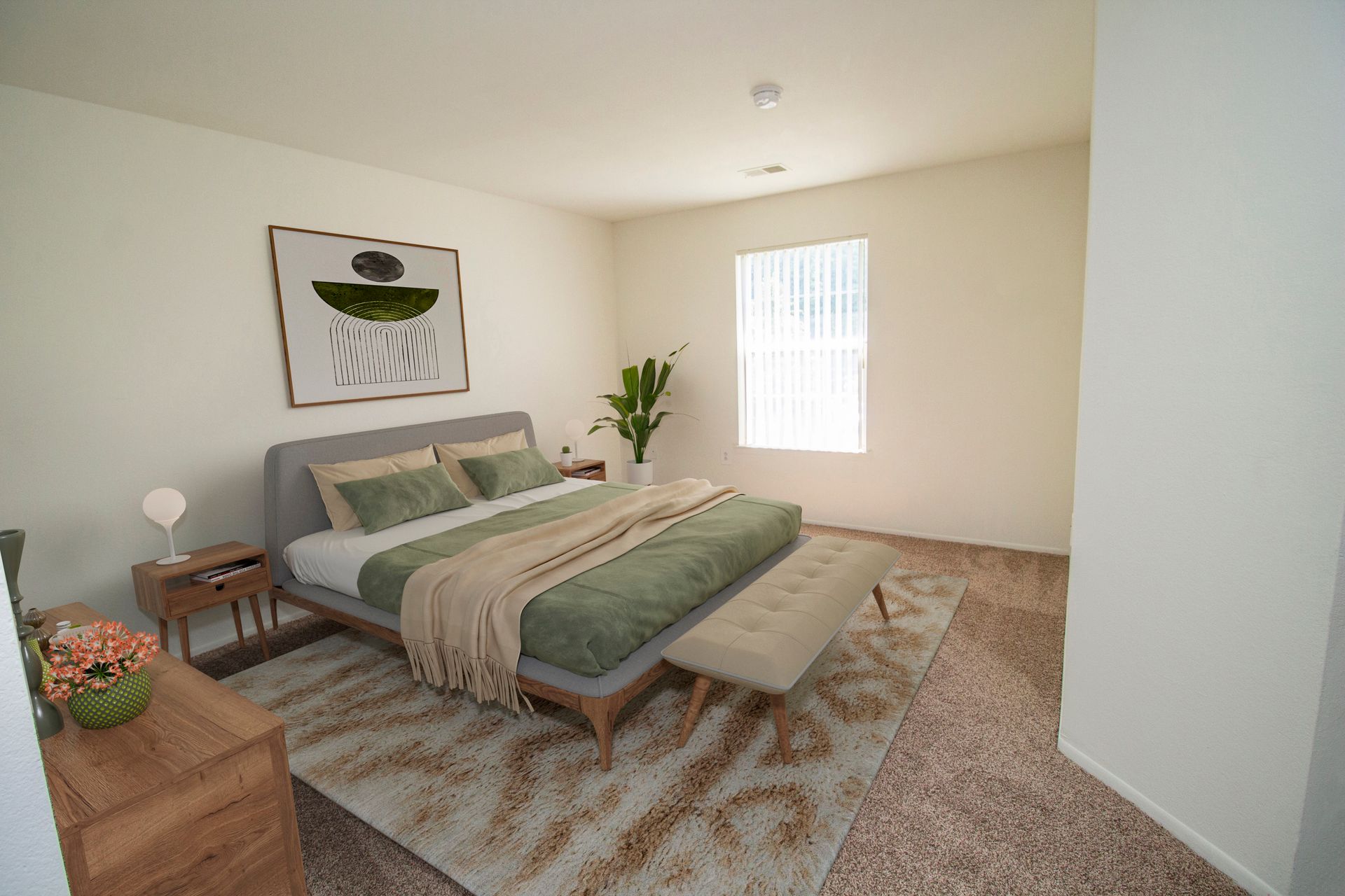 A bedroom with a large bed and a window.