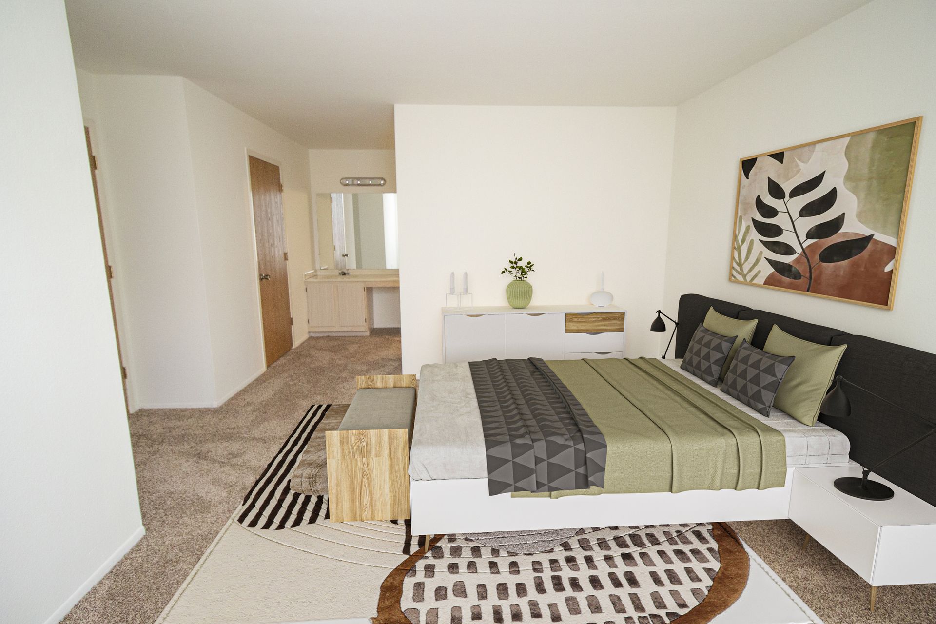 A bedroom with a large bed and a painting on the wall.