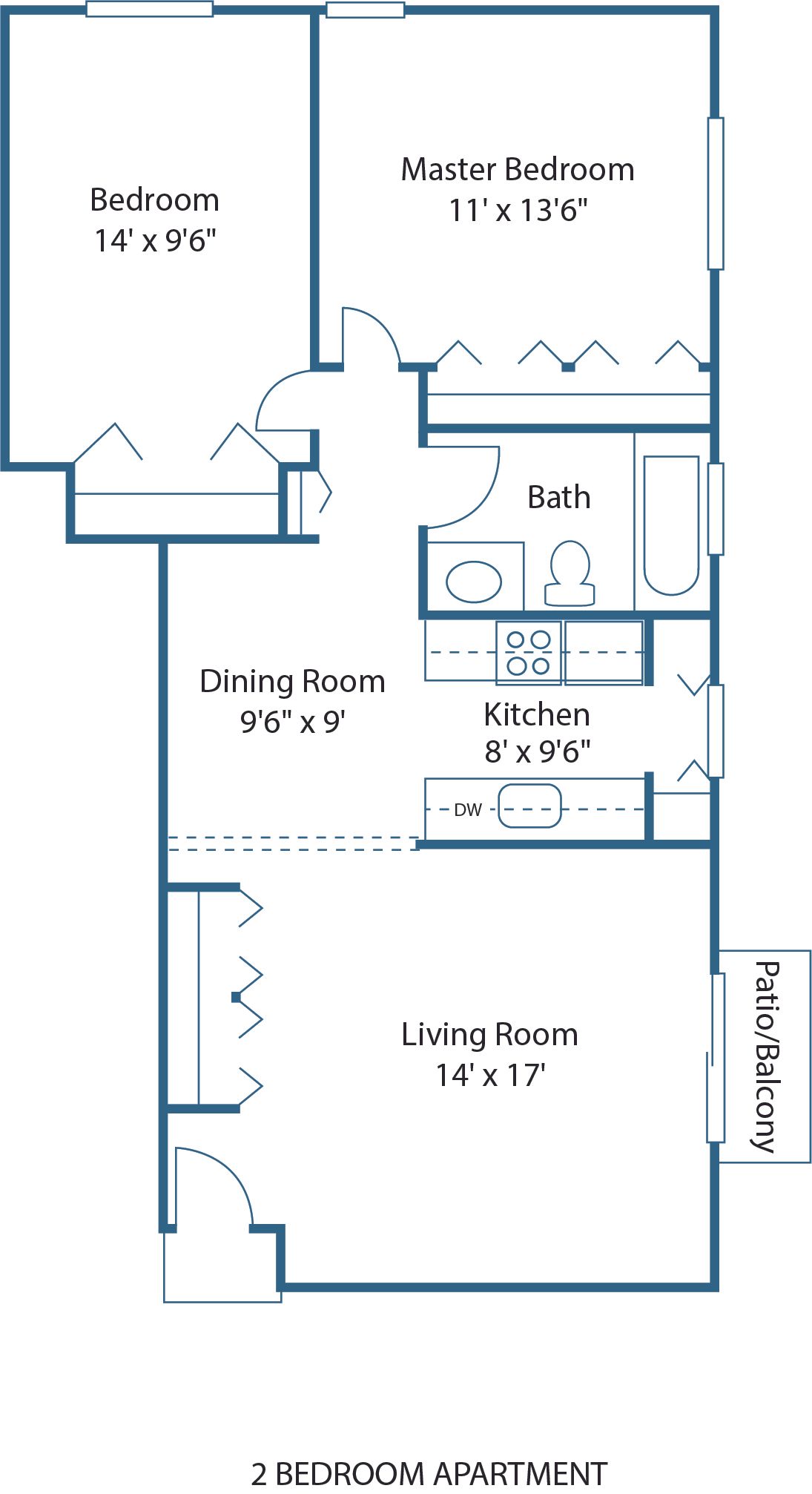2 BED, 1 BATH
886 SQ.FT.