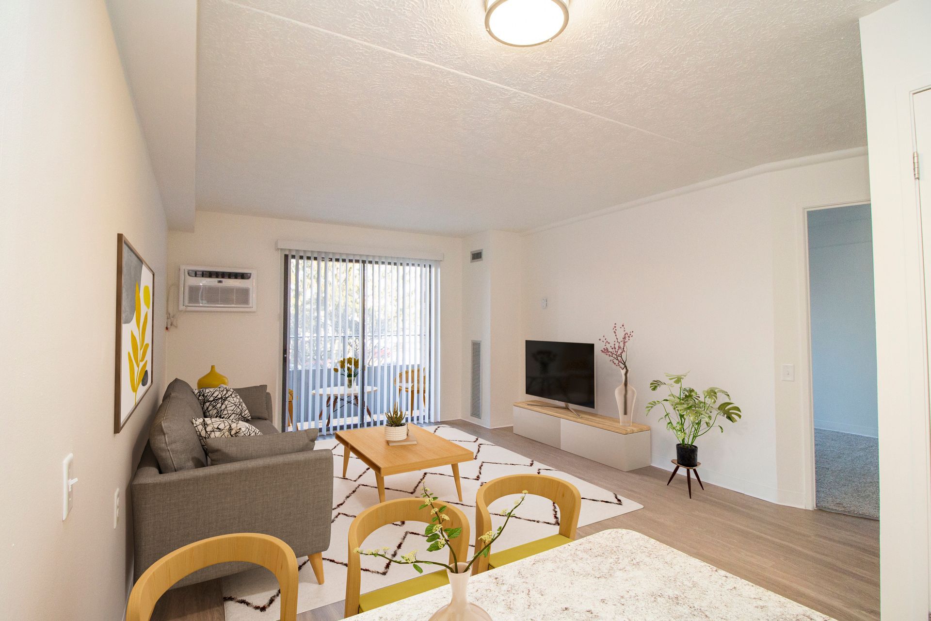 A living room with a couch , table , chairs and a flat screen tv.