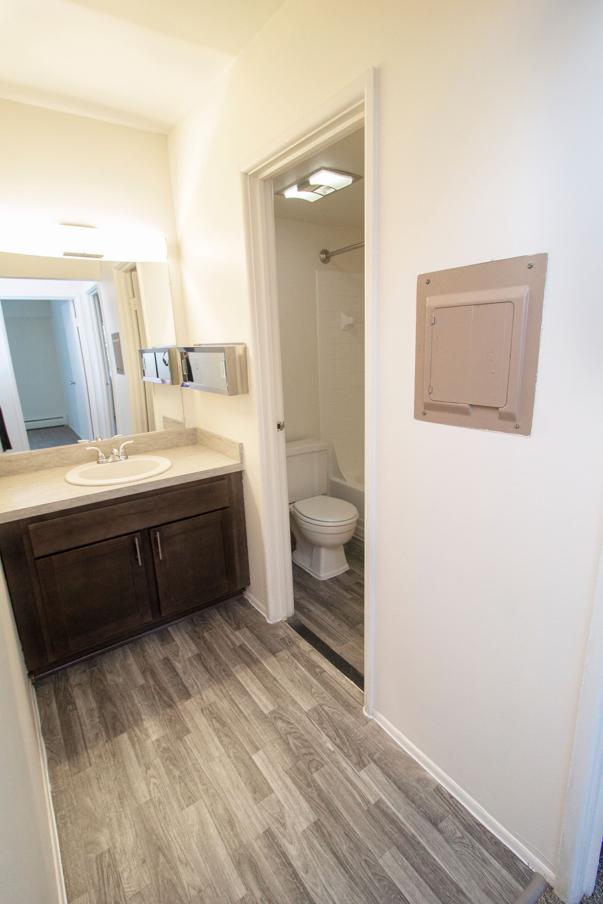 A bathroom with a sink , toilet , and mirror.