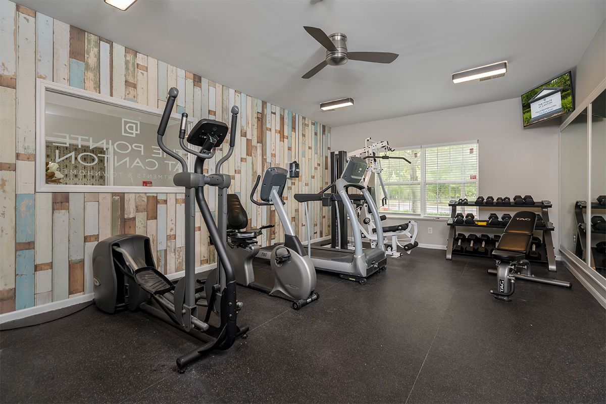 A gym with treadmills , ellipticals , and a ceiling fan.