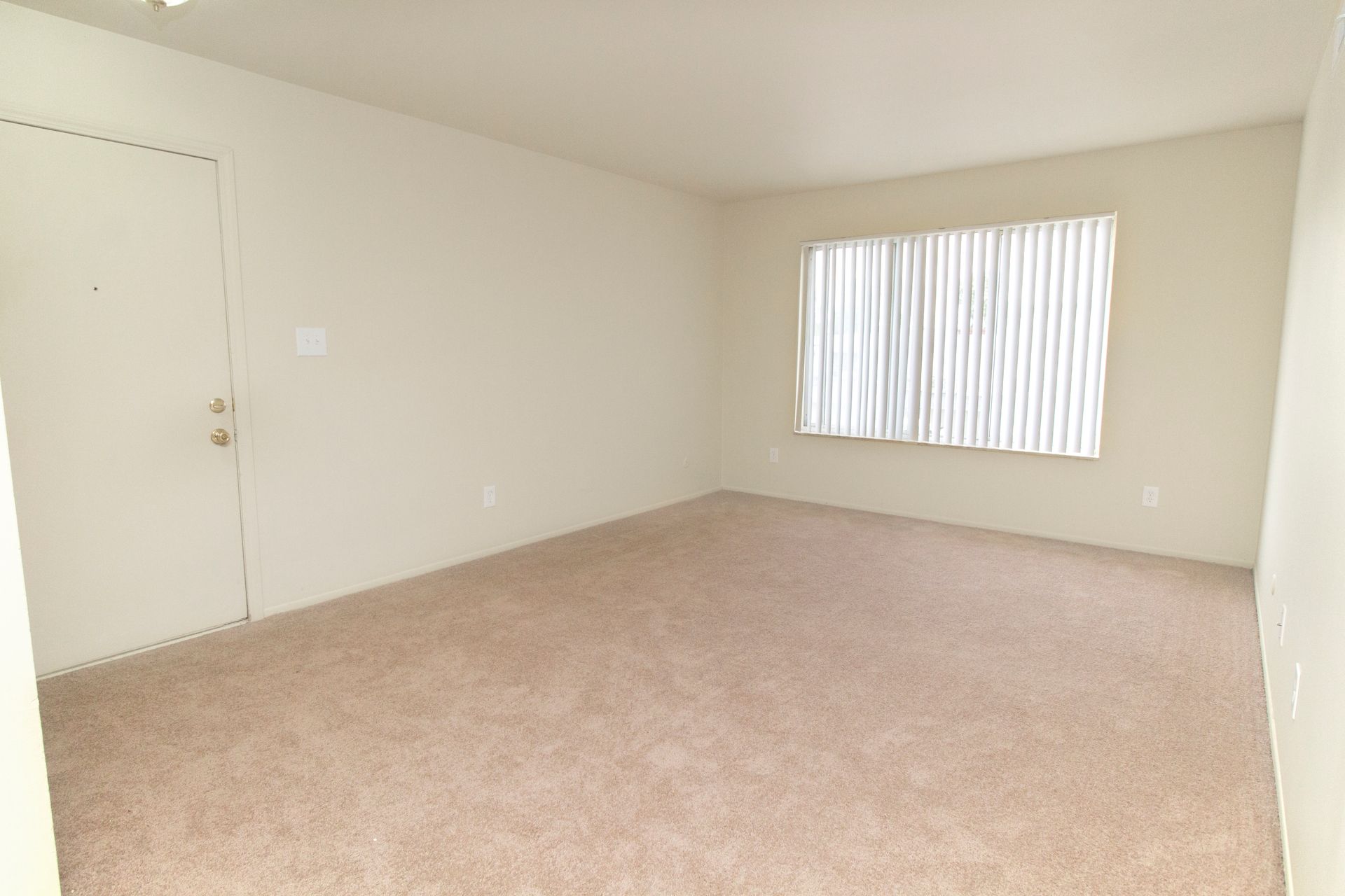 An empty living room with a window and a door.