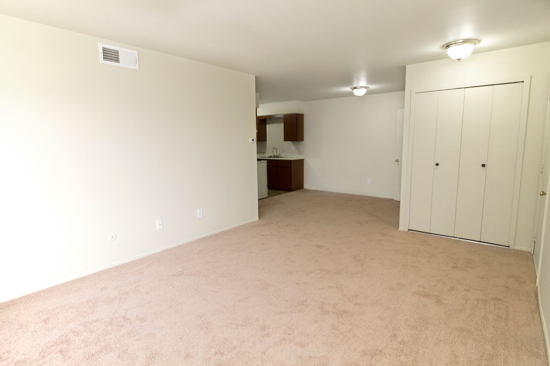 An empty living room with a carpeted floor and white walls