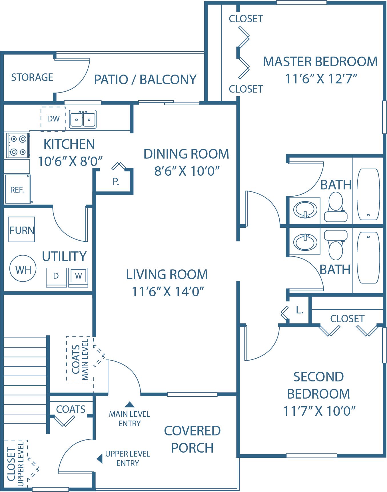 2 BED, 2 BATH
900 SQ.FT.