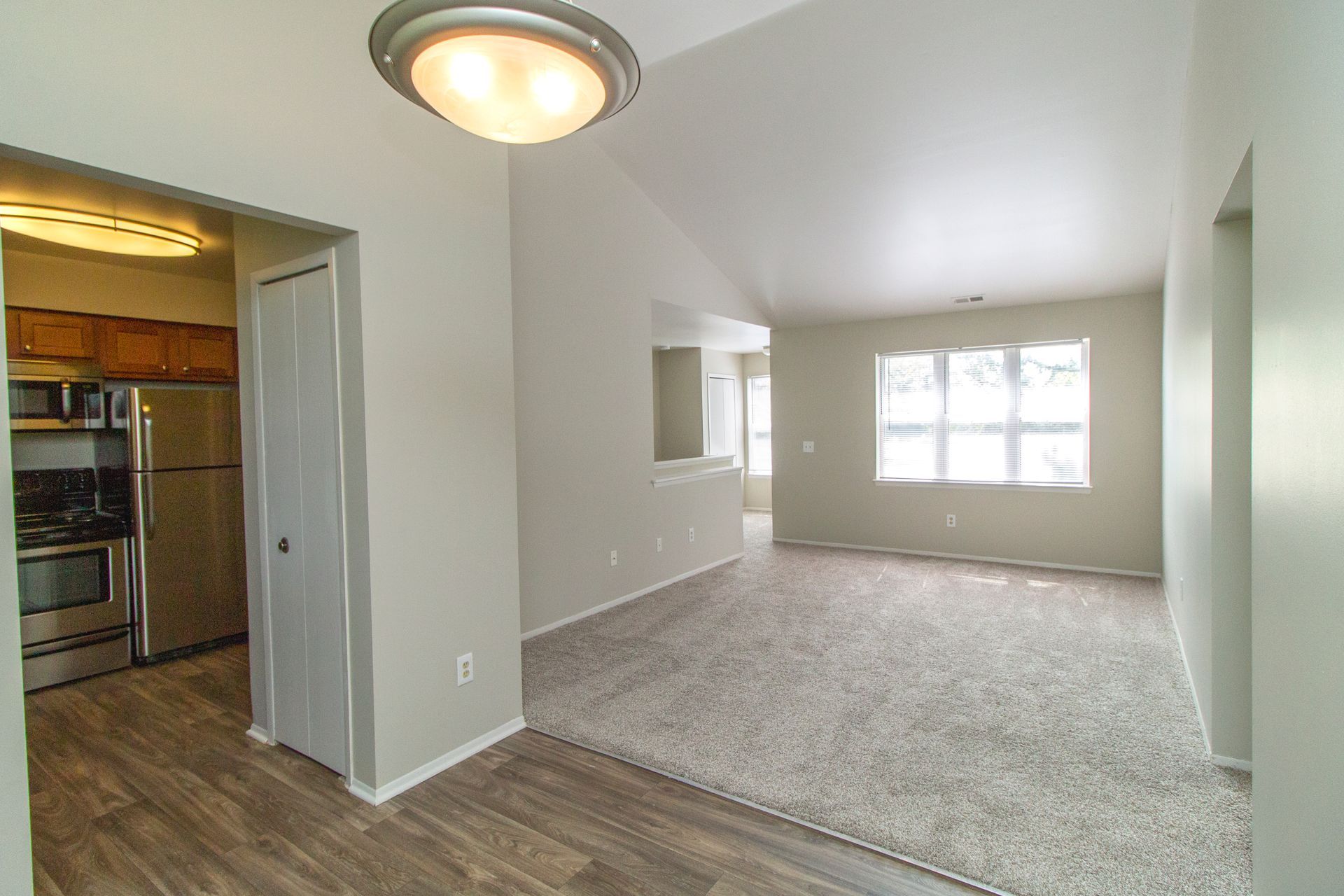 An empty living room with a carpeted floor and a ceiling light.