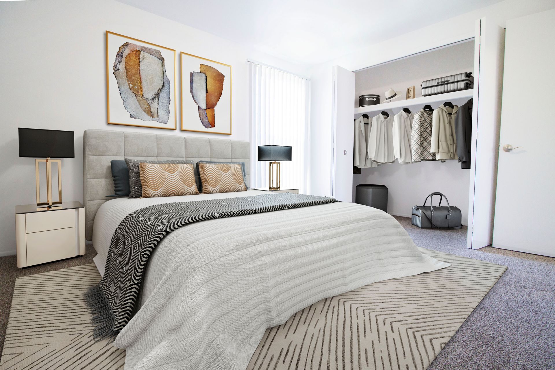 A bedroom with a large bed and a walk in closet