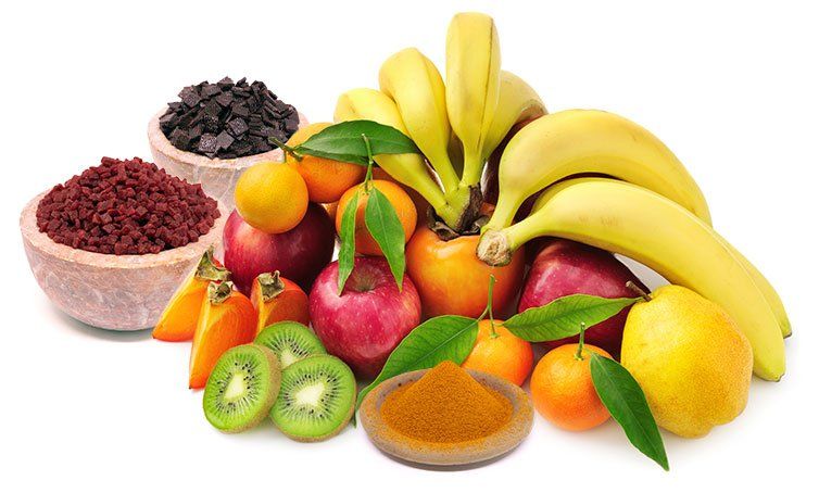 composição de frutas in natura e desidratadas