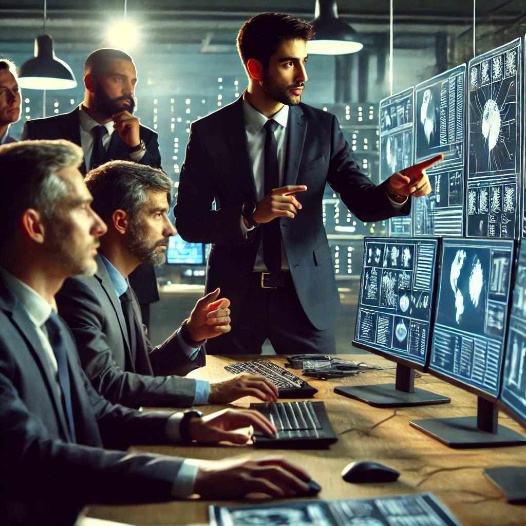 Michael Youssef and his team analyzing digital evidence in a cybersecurity case, reflecting advanced technology and expertise in digital forensics.