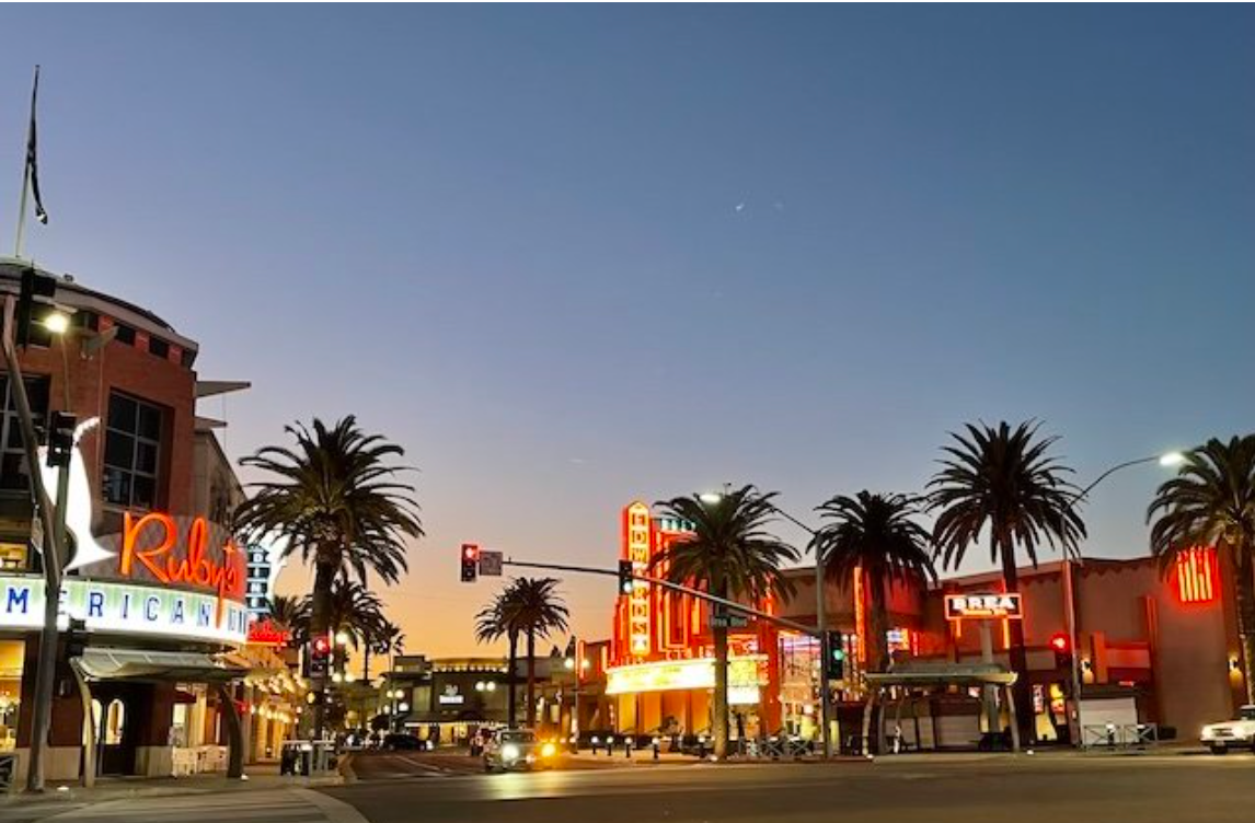 A city street with palm trees and buildings at night taken by Private Investigator Brea Ca