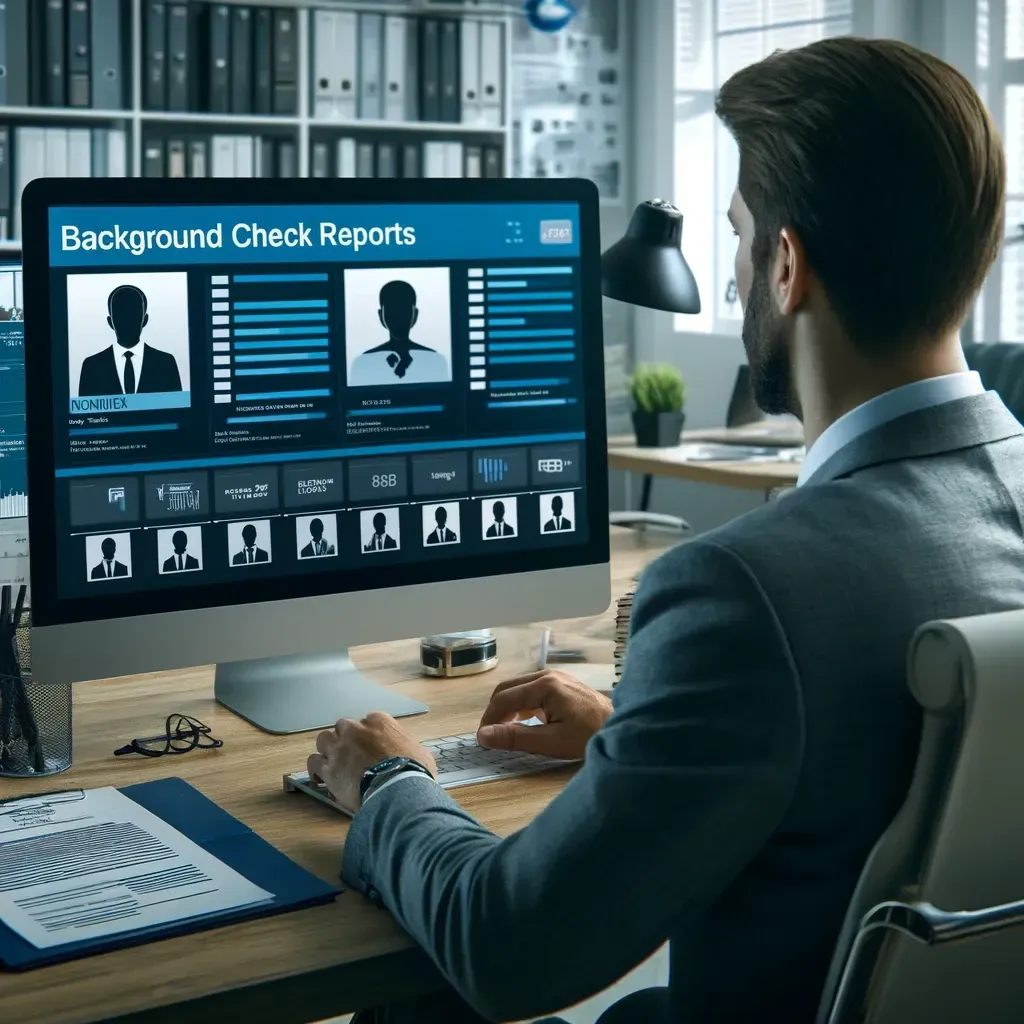 A private investigator in a modern office setting, analyzing detailed background check reports.