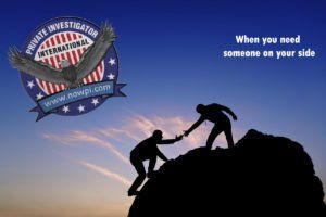 A man helping another man climb a mountain with a private investigator logo in the background