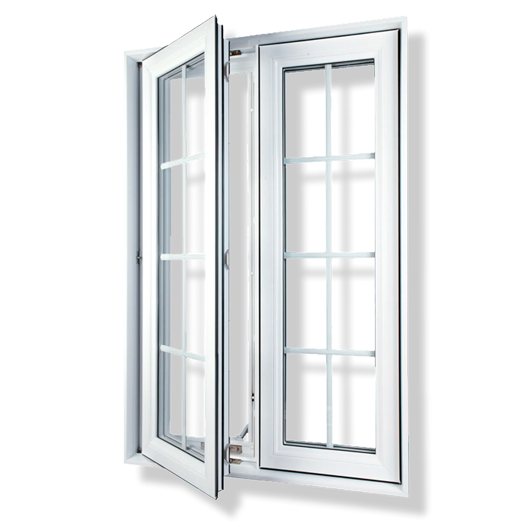 Fenêtre à guillotine blanche, un vantail ouvert, à motif quadrillé.