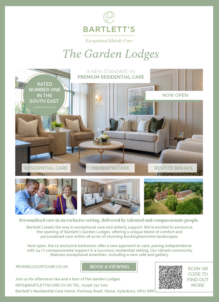 Advertisement for Bartlett's Garden Lodges, featuring images of luxury senior living spaces and services.