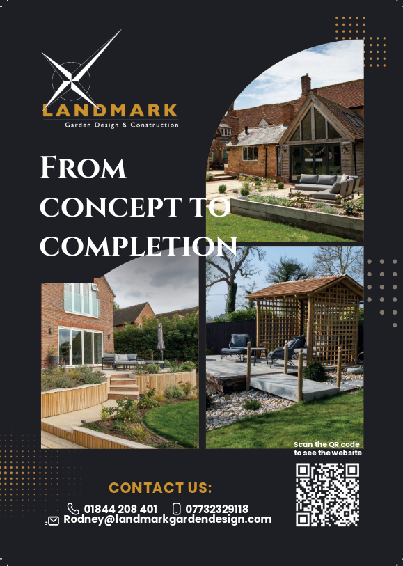 A promotional flyer for Landmark Garden Design. Features photos of completed garden designs and contact information.