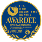 Award badge for the 54th IPA Congress in Lisbon, 2025. Blue and gold design with text, hands logo, and laurel wreath.
