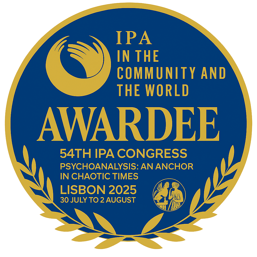 Award badge for the 54th IPA Congress in Lisbon, 2025. Blue and gold design with text, hands logo, and laurel wreath.