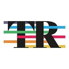 The letter r is surrounded by colorful stripes on a white background.