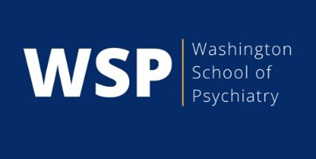 The logo for the washington school of psychiatry is on a blue background.