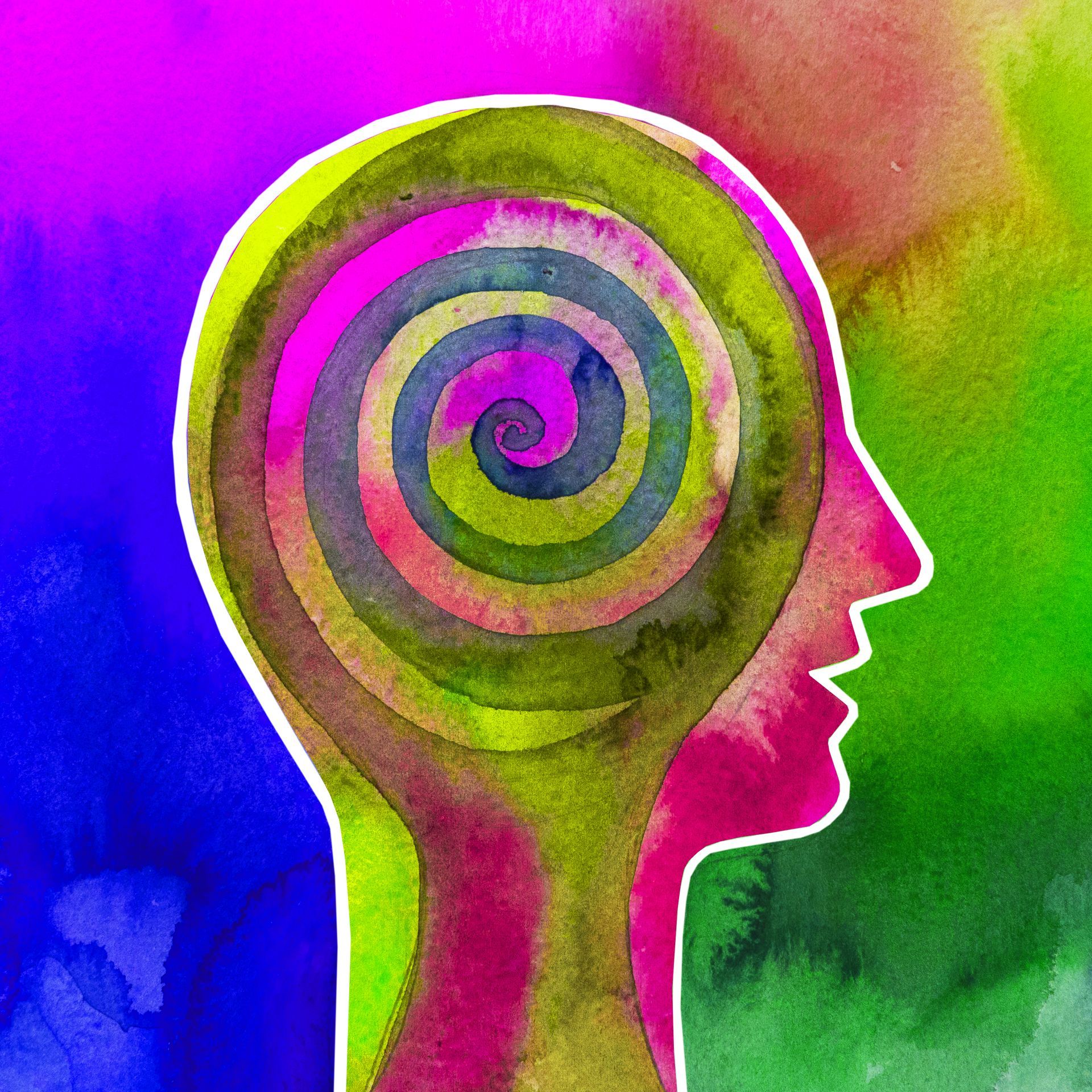 A colorful painting of a person 's head with a spiral in it.