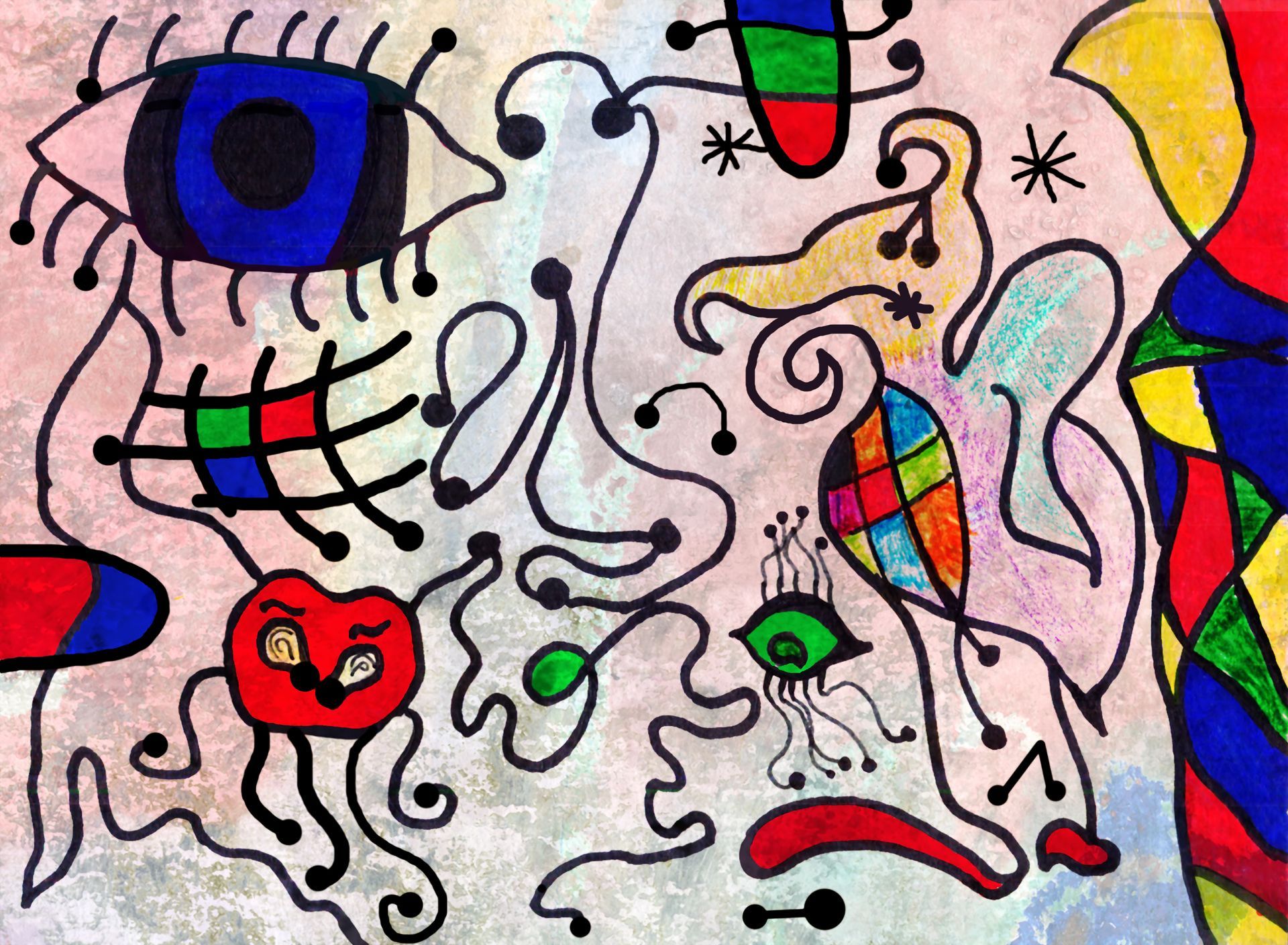 A colorful drawing of a face with a blue eye