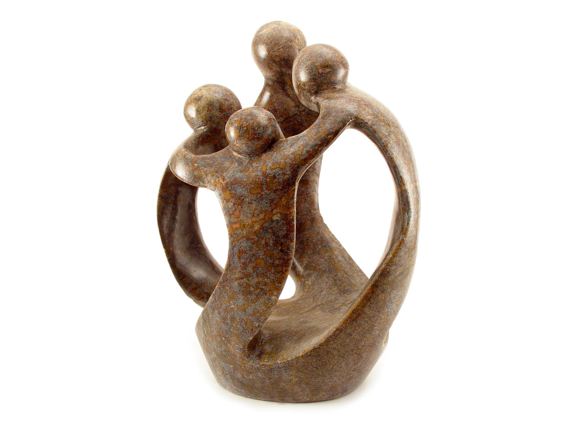 A statue of a family hugging each other on a white background