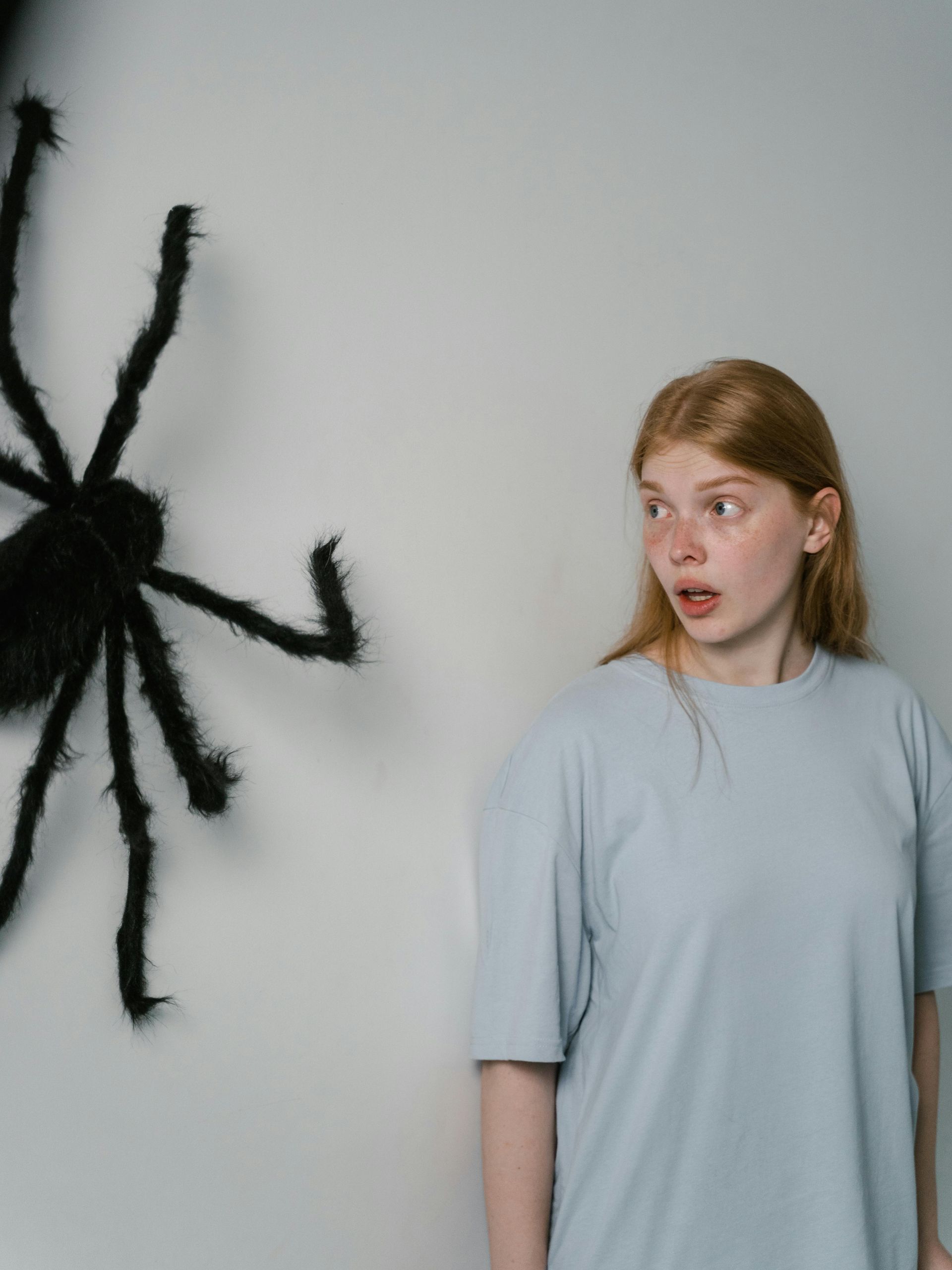 A woman is standing in front of a large black spider on a wall.