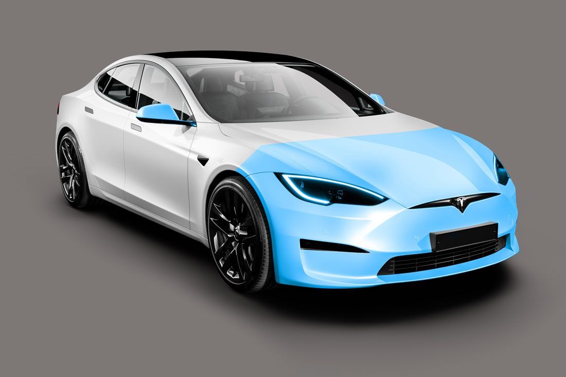 A white tesla model s with blue sections drawn on it.