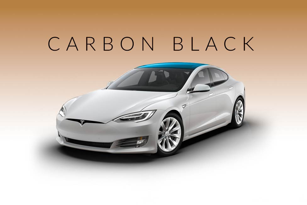 A white tesla model s with a carbon black roof