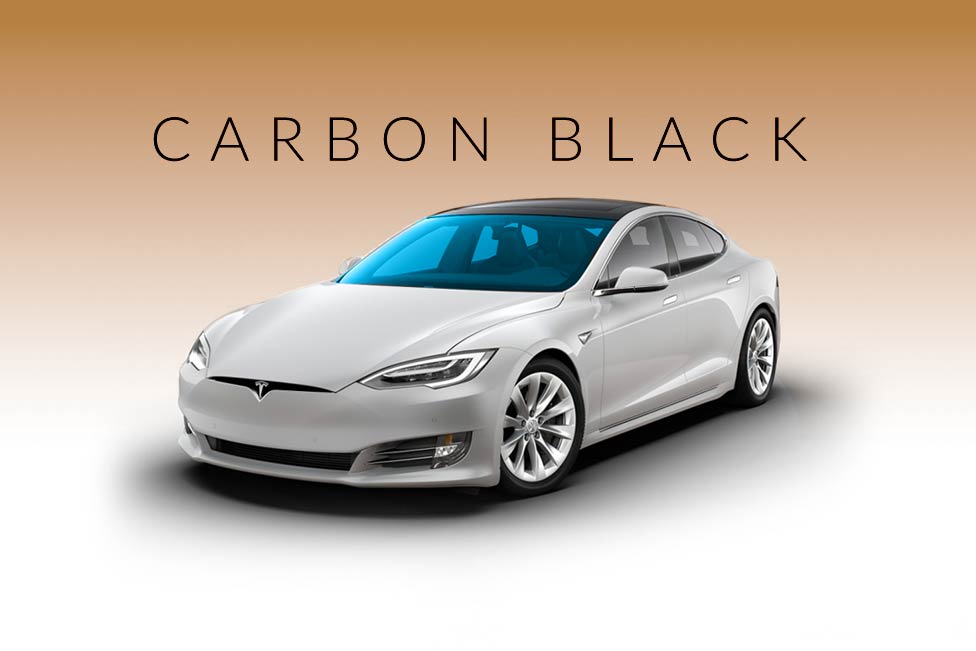 A white tesla model s is shown in carbon black