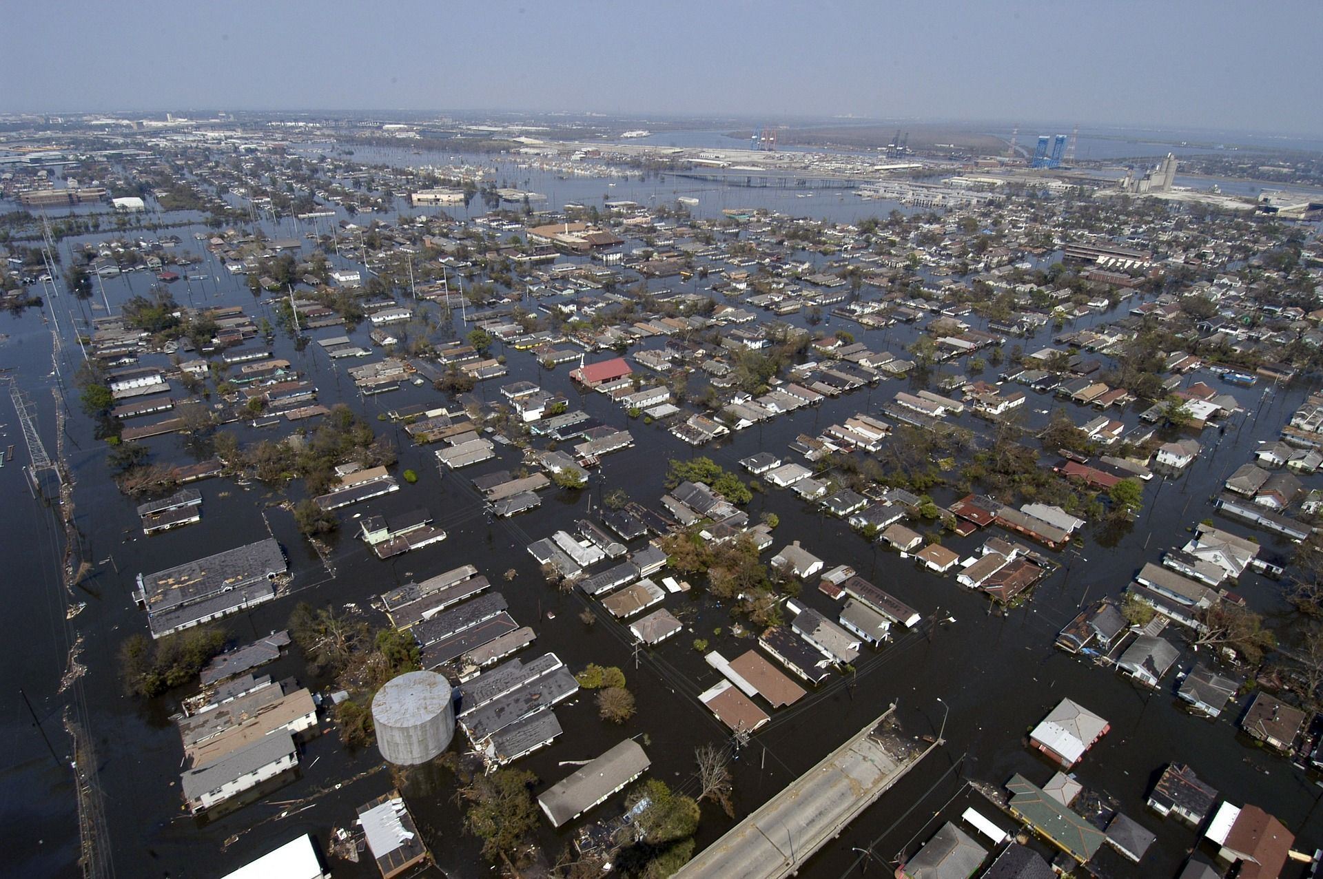 An aerial view of a flooded city