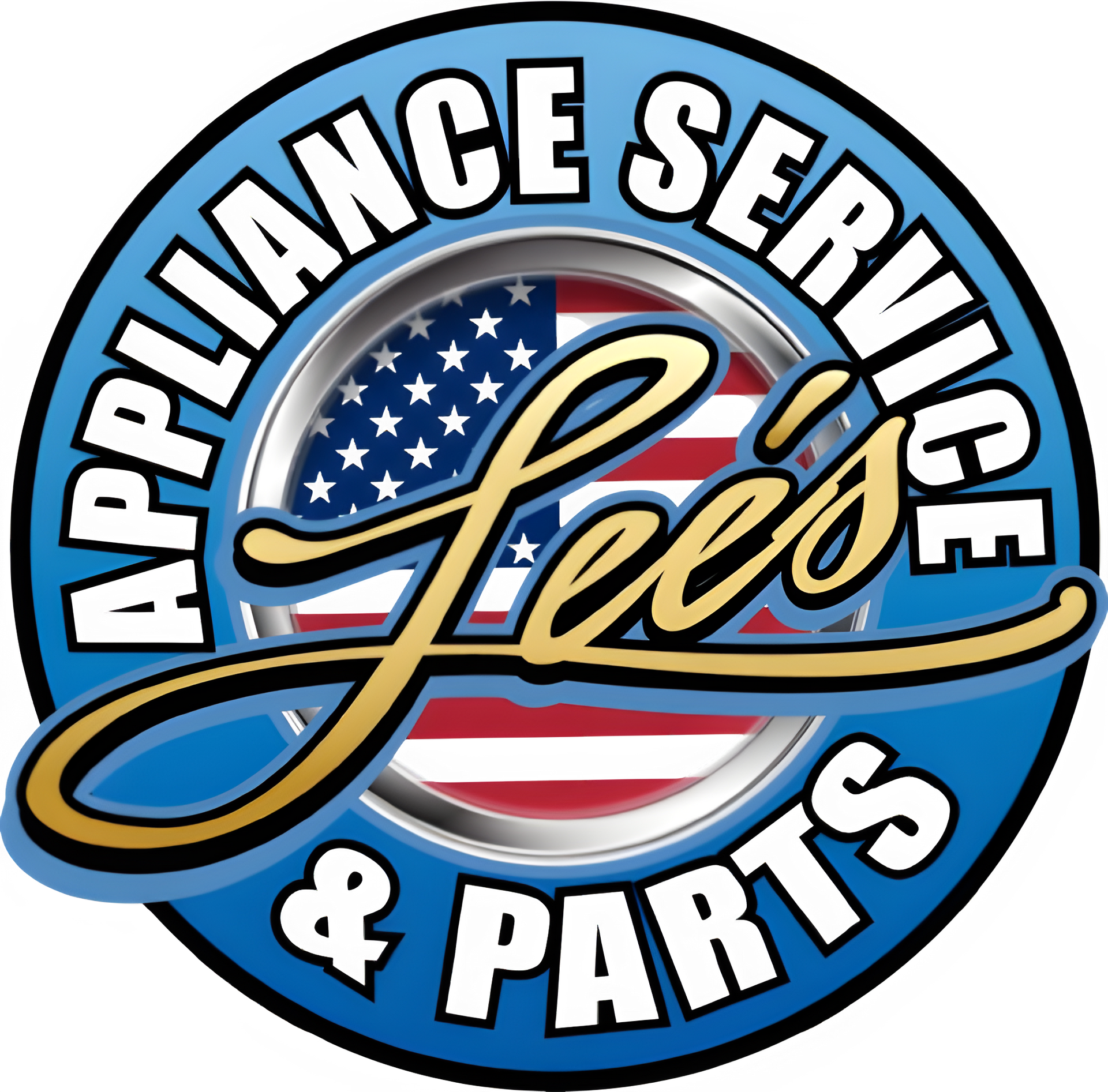 Logo for Lee's Appliance Service & Parts: blue and white text on a circular design with an American flag background.