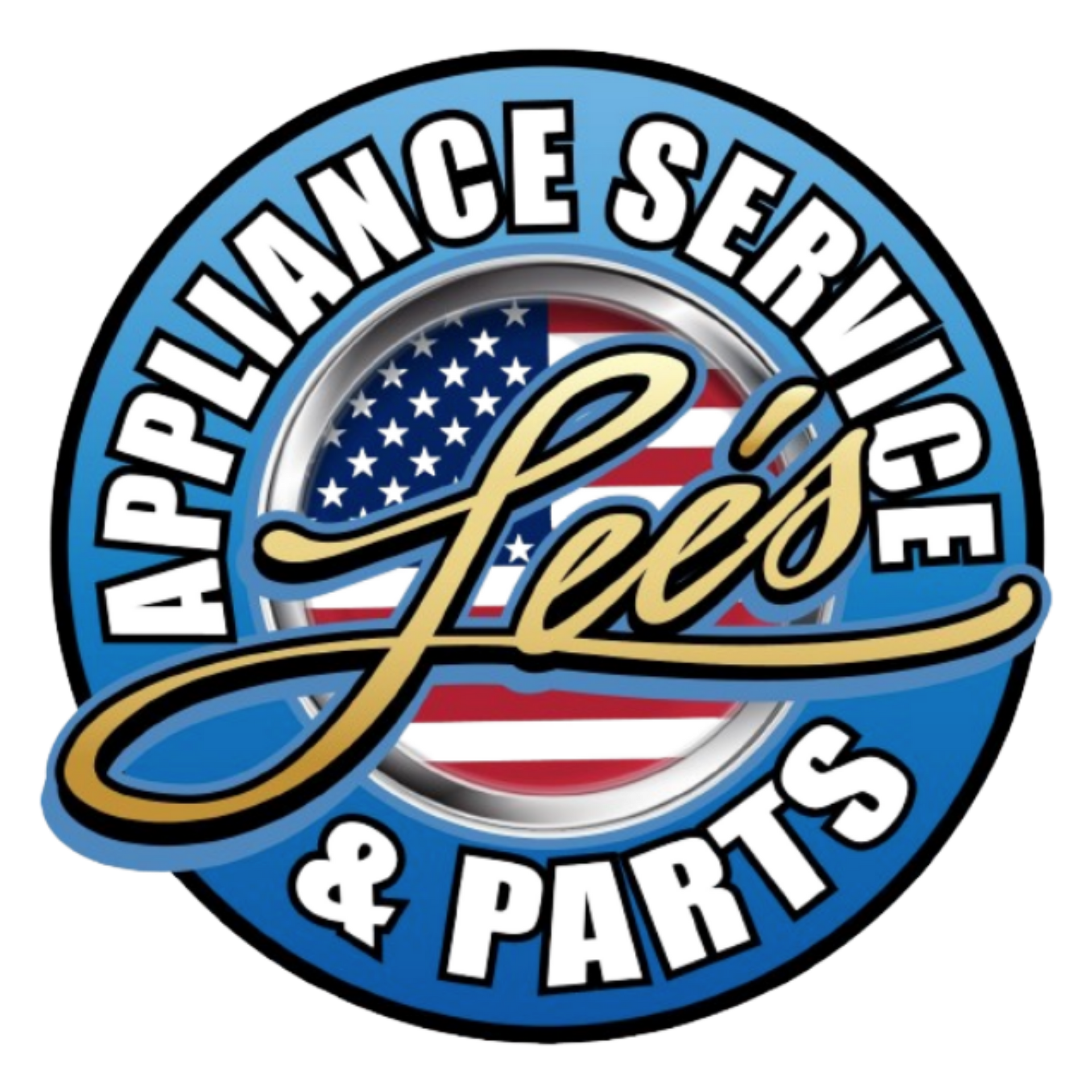 Logo for Lee's Appliance Service & Parts: blue circle, text, gold script, American flag design.