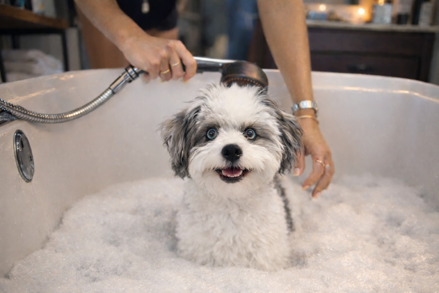 Happy dog enjoying a bath