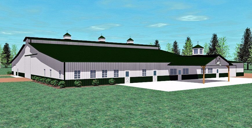 An artist 's impression of a large barn with a green roof