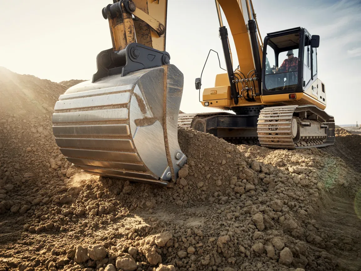 Yellow excavator digging into a pile of dirt, sun shining, construction site.