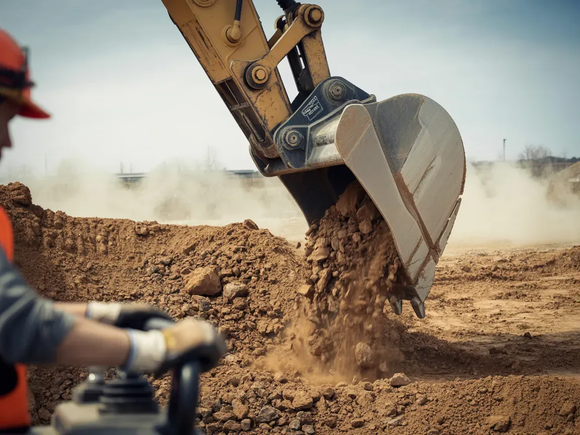 Excavator bucket dumping dirt, operated by a person wearing an orange vest and hard hat.
