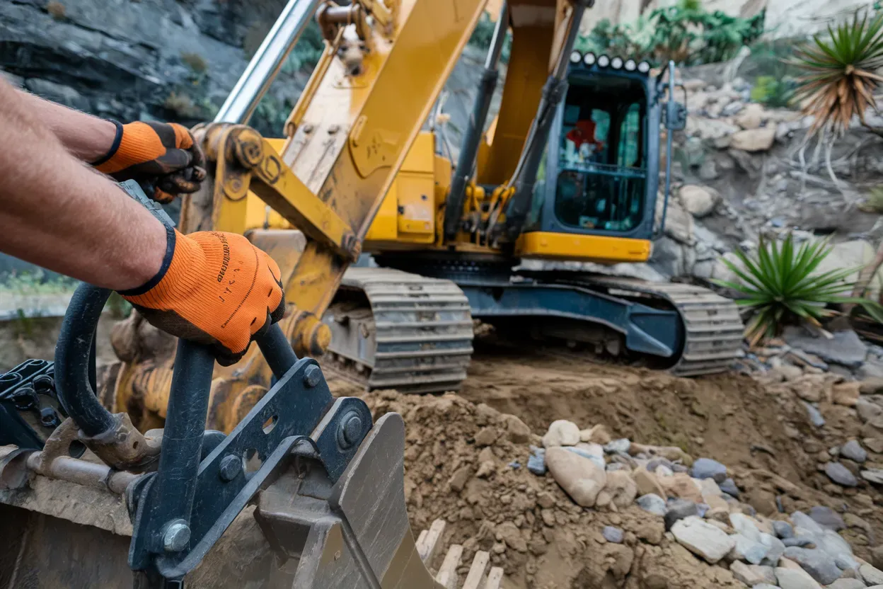 Hands wearing orange gloves operate yellow excavator in rocky terrain.