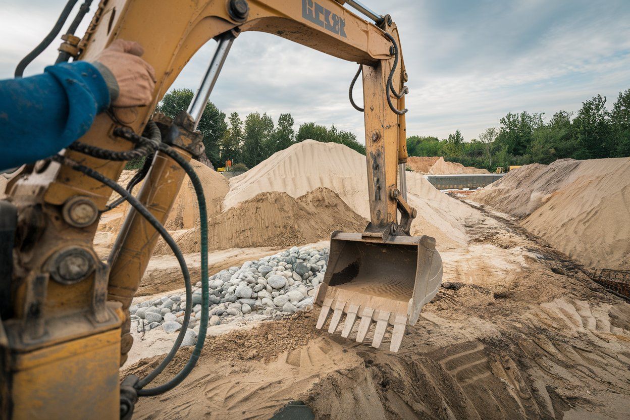 Excavator arm scooping sand at a construction site. Piles of sand and dirt. Cloudy sky.