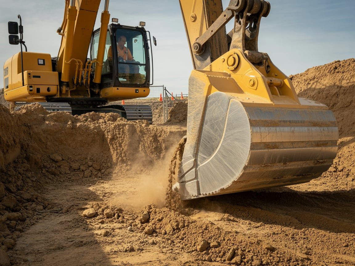 Yellow excavator digging earth in a construction site.