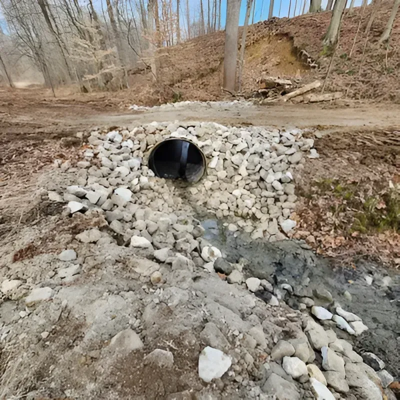 A culvert pipe under a dirt path, surrounded by rocks and dirt, in a wooded area.