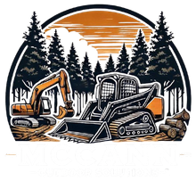 Construction equipment in a forest setting, with an excavator and skid steer, beneath an orange sunset.