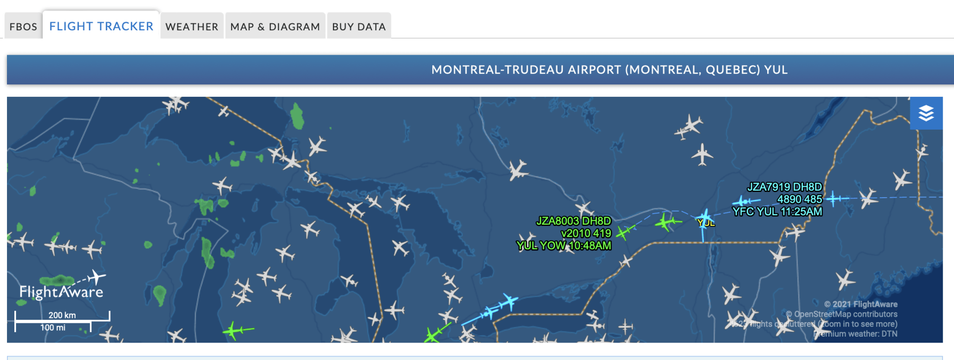 Montreal Airport YUL Flight Aware screenshot