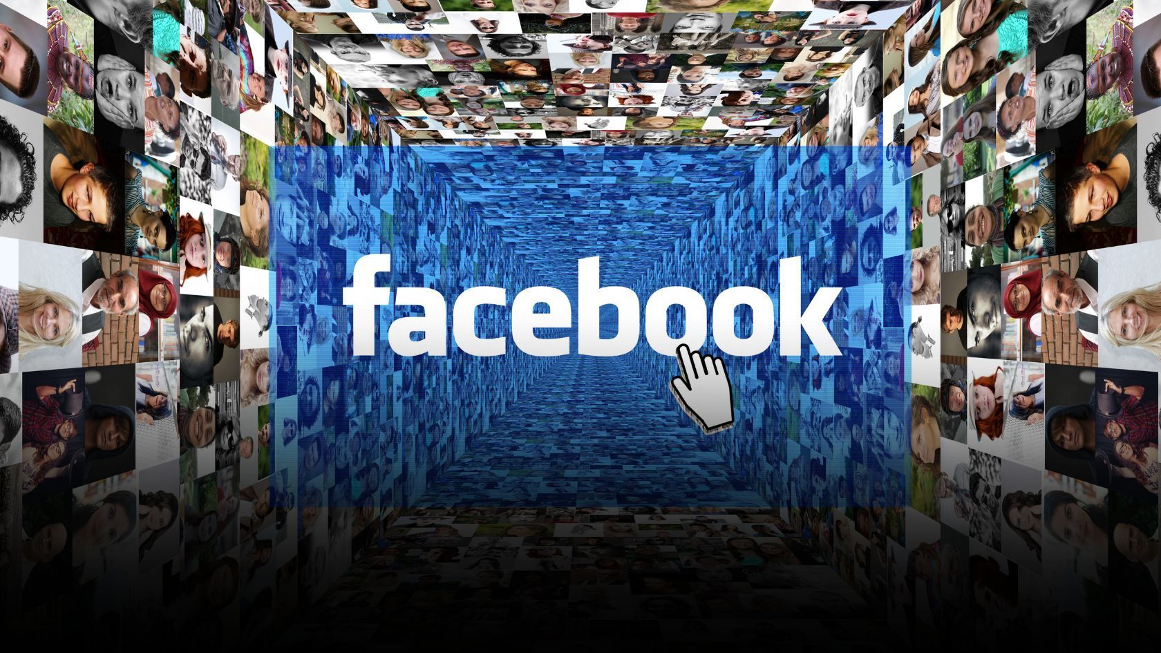 Facebook logo and Facebook users in the background, with a curser on the screen.