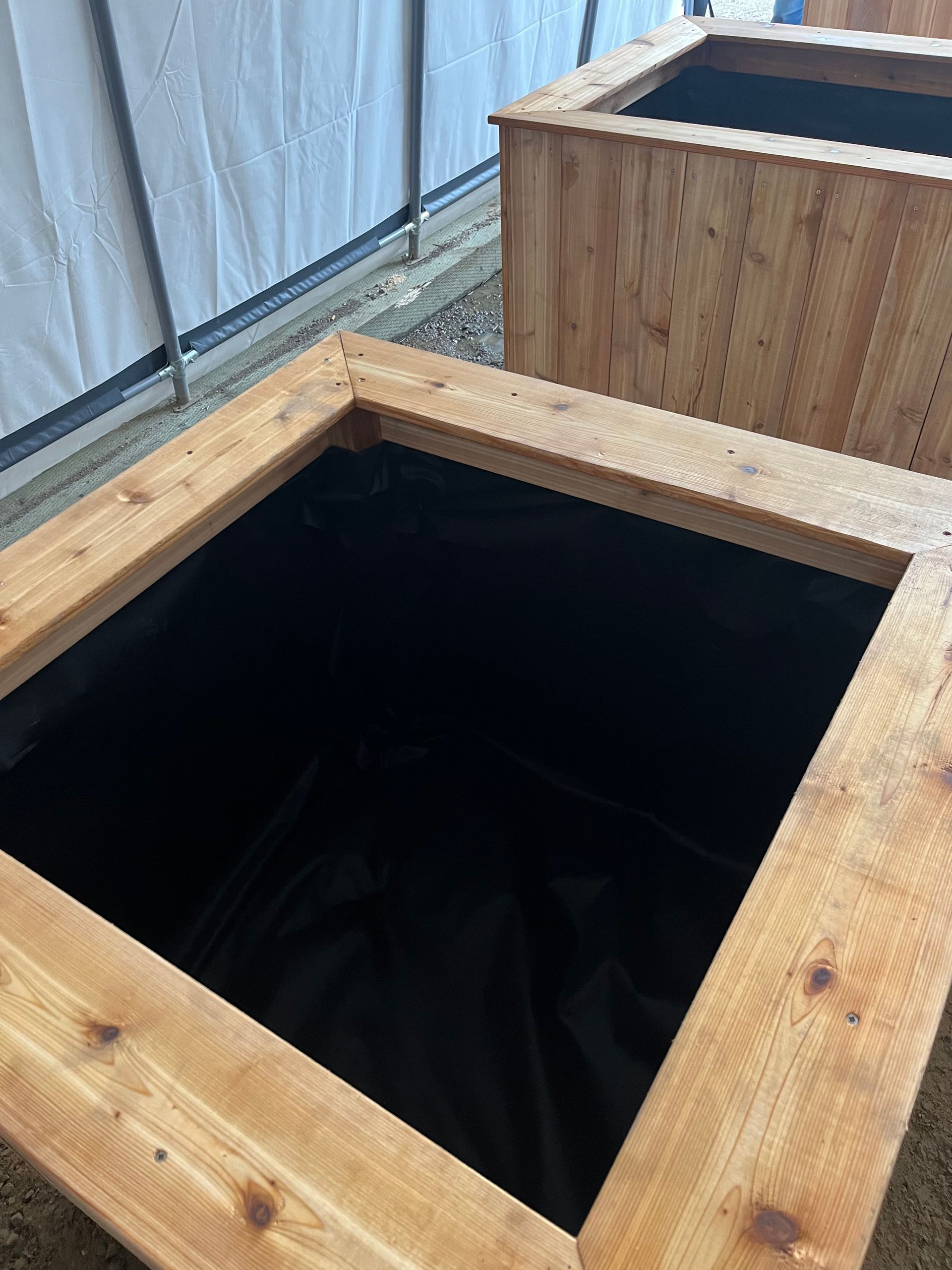 Deux jardinières en bois avec des doublures noires sont placées l'une à côté de l'autre.