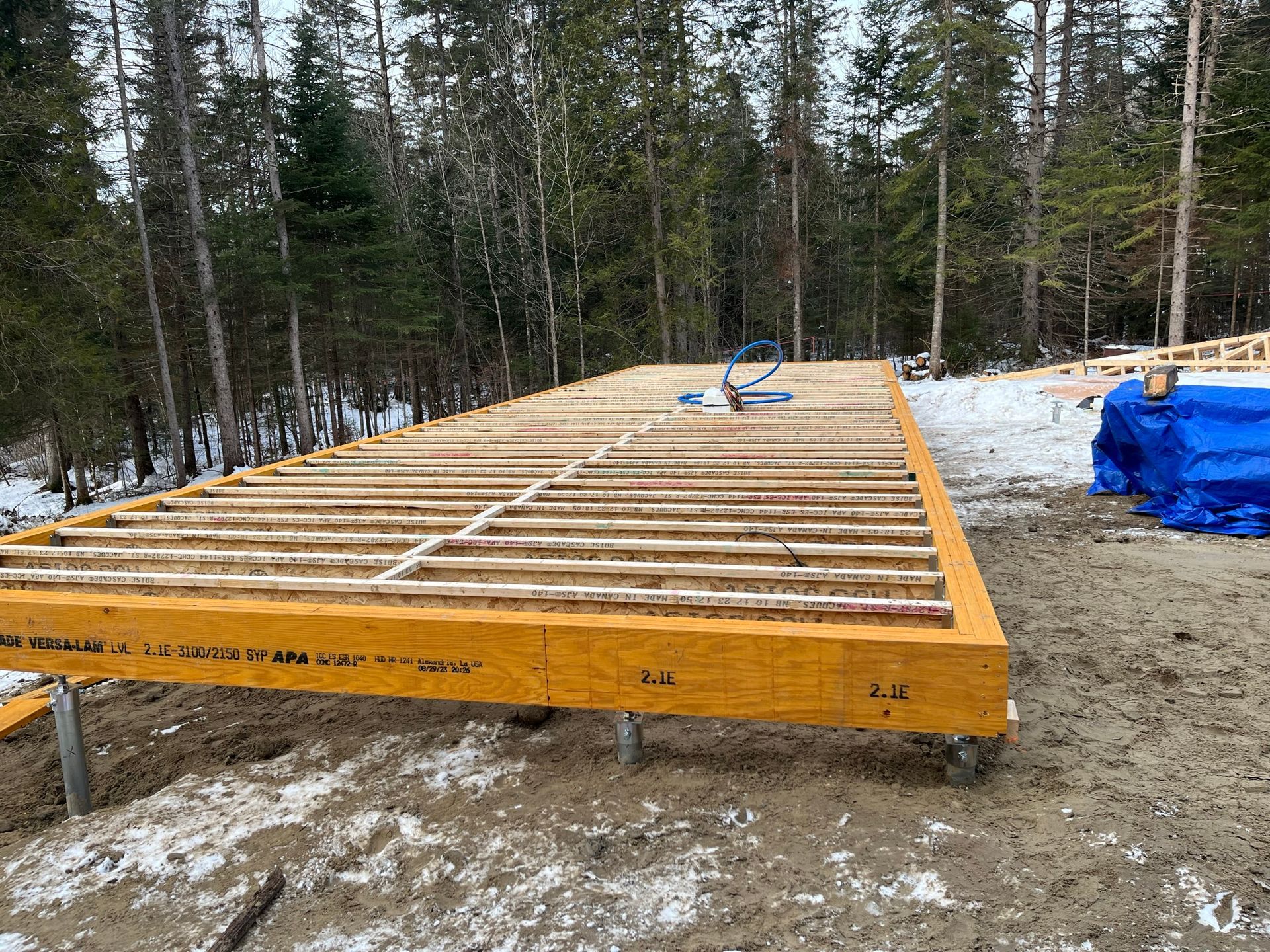 Une grande structure en bois est en cours de construction au milieu d'une forêt.