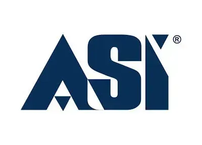 A blue logo for a company called asi on a white background.