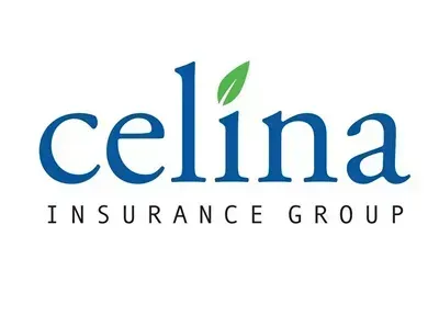 The celina insurance group logo is blue and white with a green leaf.