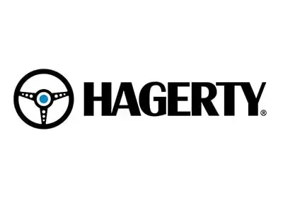 A hagerty logo with a steering wheel on a white background.