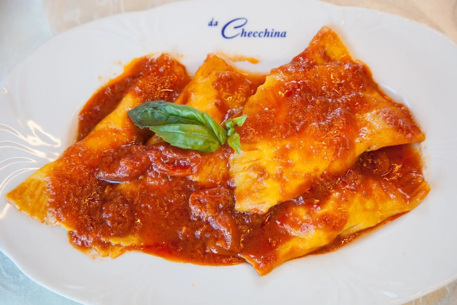 Ravioli al sugo di pomodoro su un piatto bianco, guarnito con una foglia di basilico.